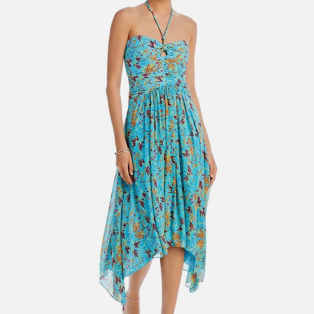 A.L.C. Violet Blue Teal Silk Printed Halter Sleeveless Asymmetric Midi Dress